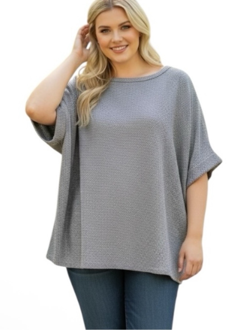 ANDREE BY UNIT Light Gray Oversized Waffle Knit Dolman Top Size M/L
